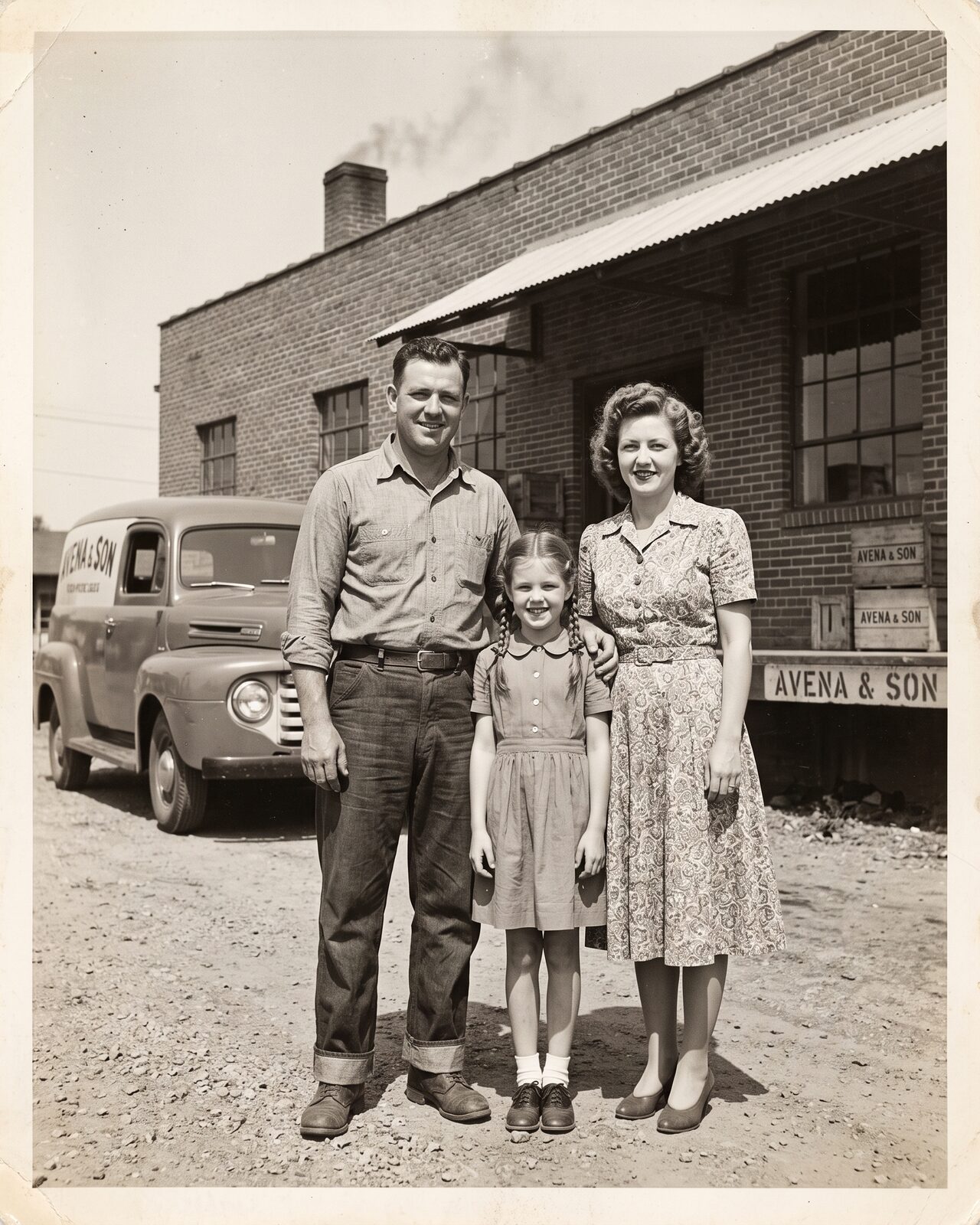 Black-and-white archival-style family photo of Marco Avena, his wife, and young daughter standing in front of the brick cannery building with a delivery truck parked nearby, late 1940s.