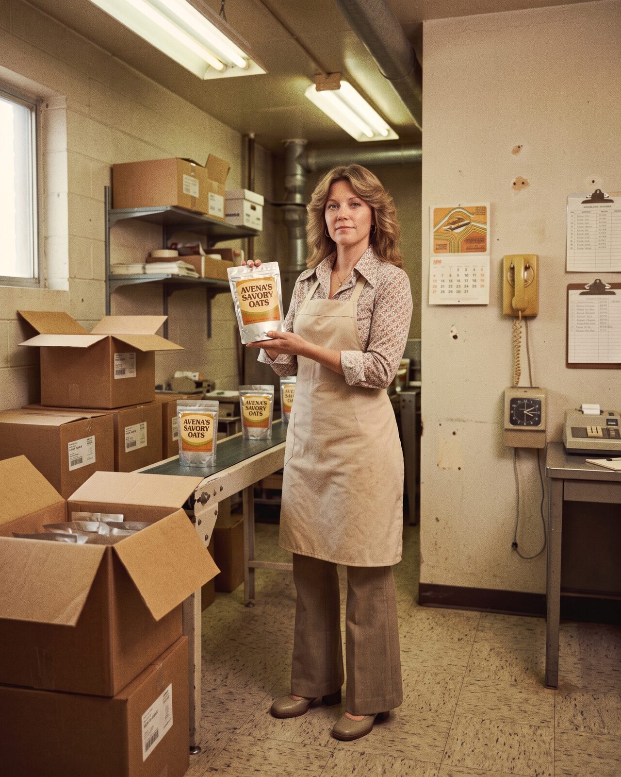 Faded 1970s-style color photo of Carla Avena holding up one of the company's first shelf-stable oatmeal pouches on the cannery's factory floor.