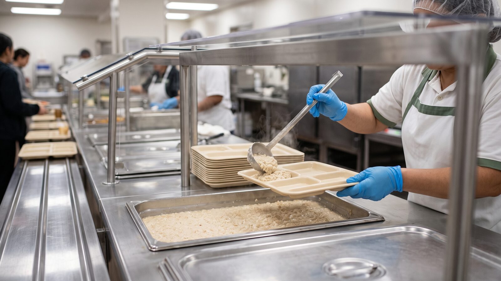 A cafeteria worker in a hairnet and gloves ladling Chicken Oatmeal from a stainless steel steam-table pan onto a cafeteria tray.