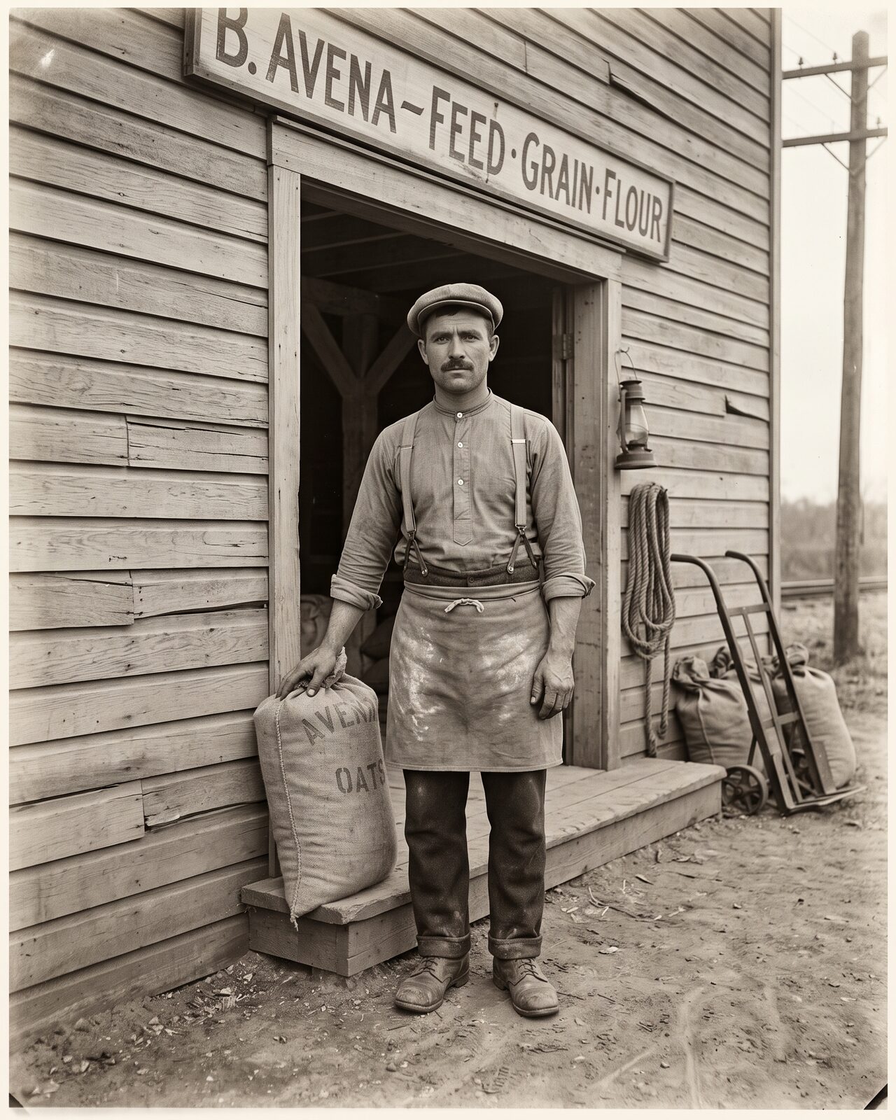 Black-and-white archival-style photo of Battista Avena in a flat cap and work apron, standing in the doorway of his small feed-and-grain mill beside the rail line, 1923.