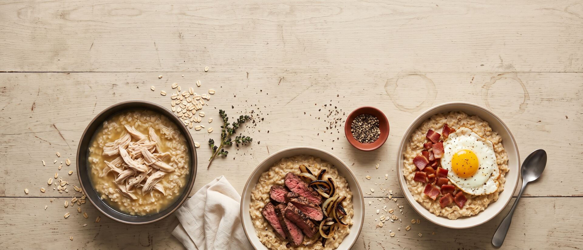 Overhead view of three bowls of savory oatmeal topped with shredded chicken, sliced steak, and bacon with a fried egg, arranged on a rustic wood table with scattered oats and cracked pepper.