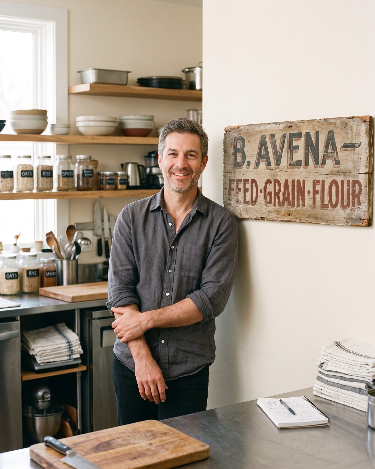 James Avena, present-day CEO, standing in the company test kitchen beside the original 1923 mill sign, mounted on the wall as a keepsake.