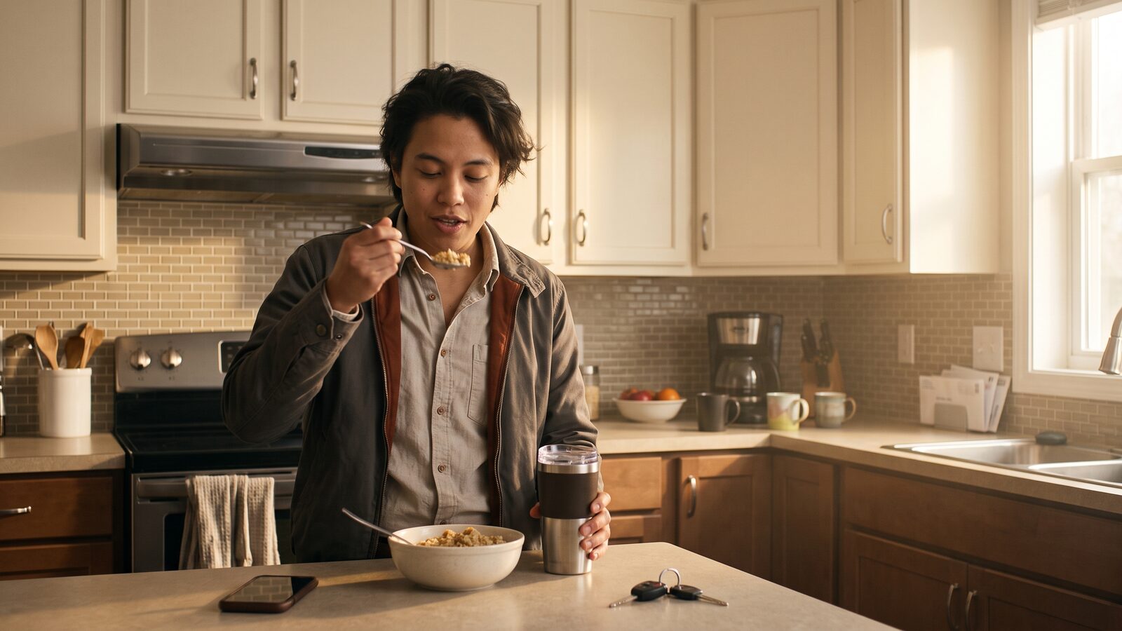 A person eating a bowl of Chicken Oatmeal at a kitchen counter while getting ready for work, with a travel mug and car keys on the counter.